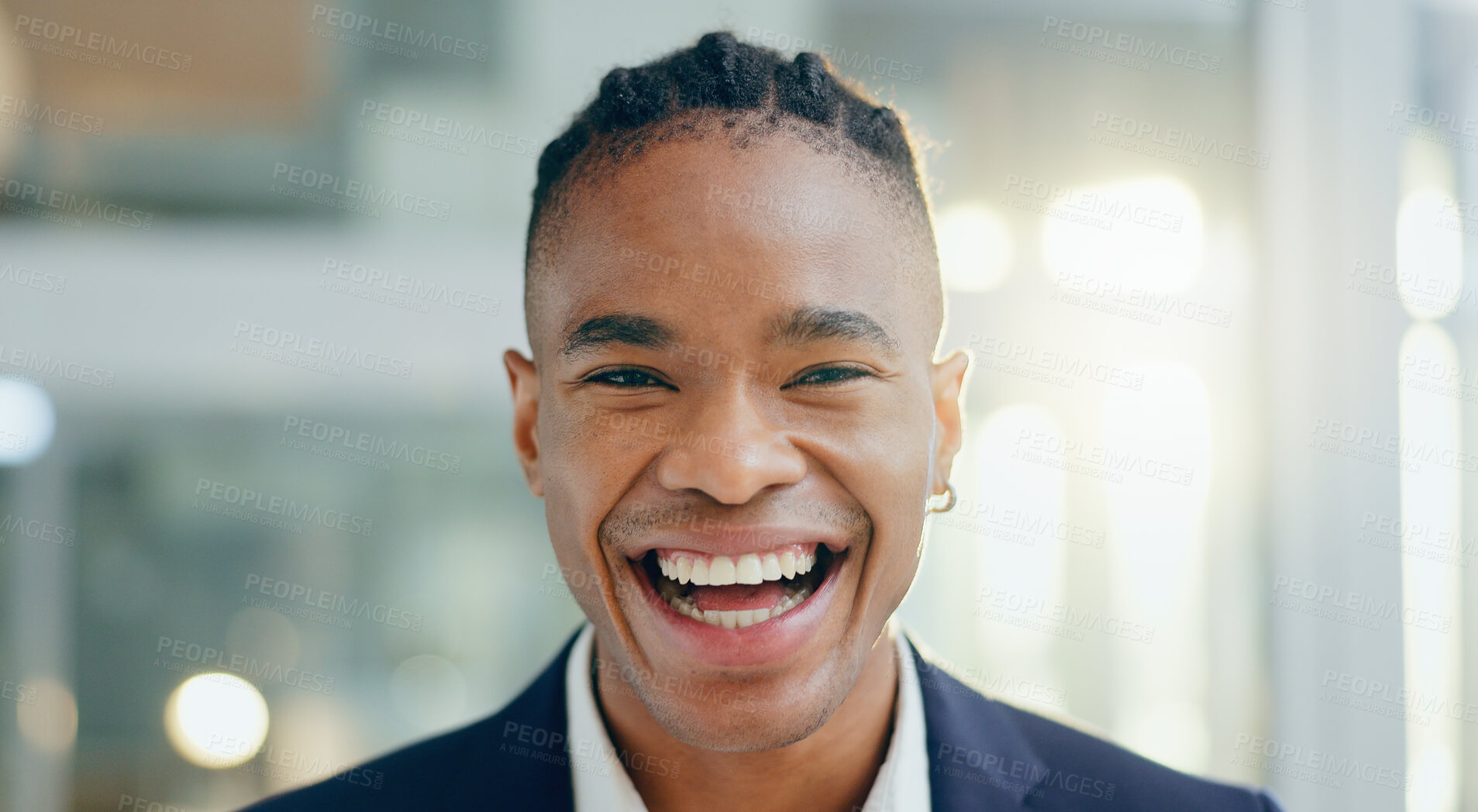 Buy stock photo Black man, business portrait and smile in office for company about us or profile picture and excited for new project. African person, happy guy and entrepreneur in consulting agency for corporate job