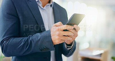 Buy stock photo Hands, phone and businessman in office typing online email for communication, connectivity or networking. Technology, contact and male lawyer on cellphone with research for legal case in workplace.