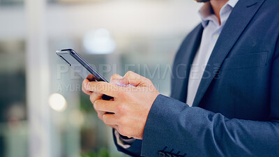 Buy stock photo Hands, communication and businessman with phone in office typing online email for connectivity or networking. Technology, contact and lawyer on cellphone with research for legal case in workplace.