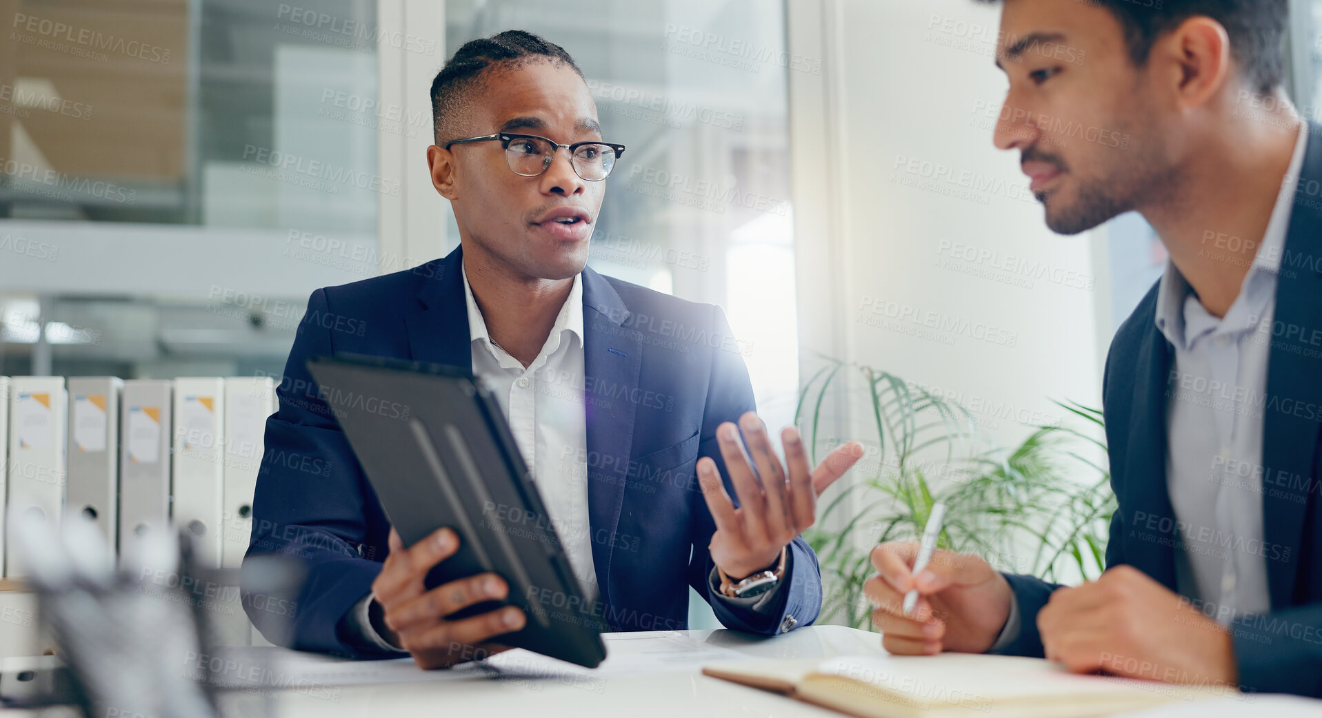 Buy stock photo Teamwork, tablet and business people with notebook for writing information, planning and ideas in meeting. Collaboration, bankers and paper for strategy in workplace for project and corporate work