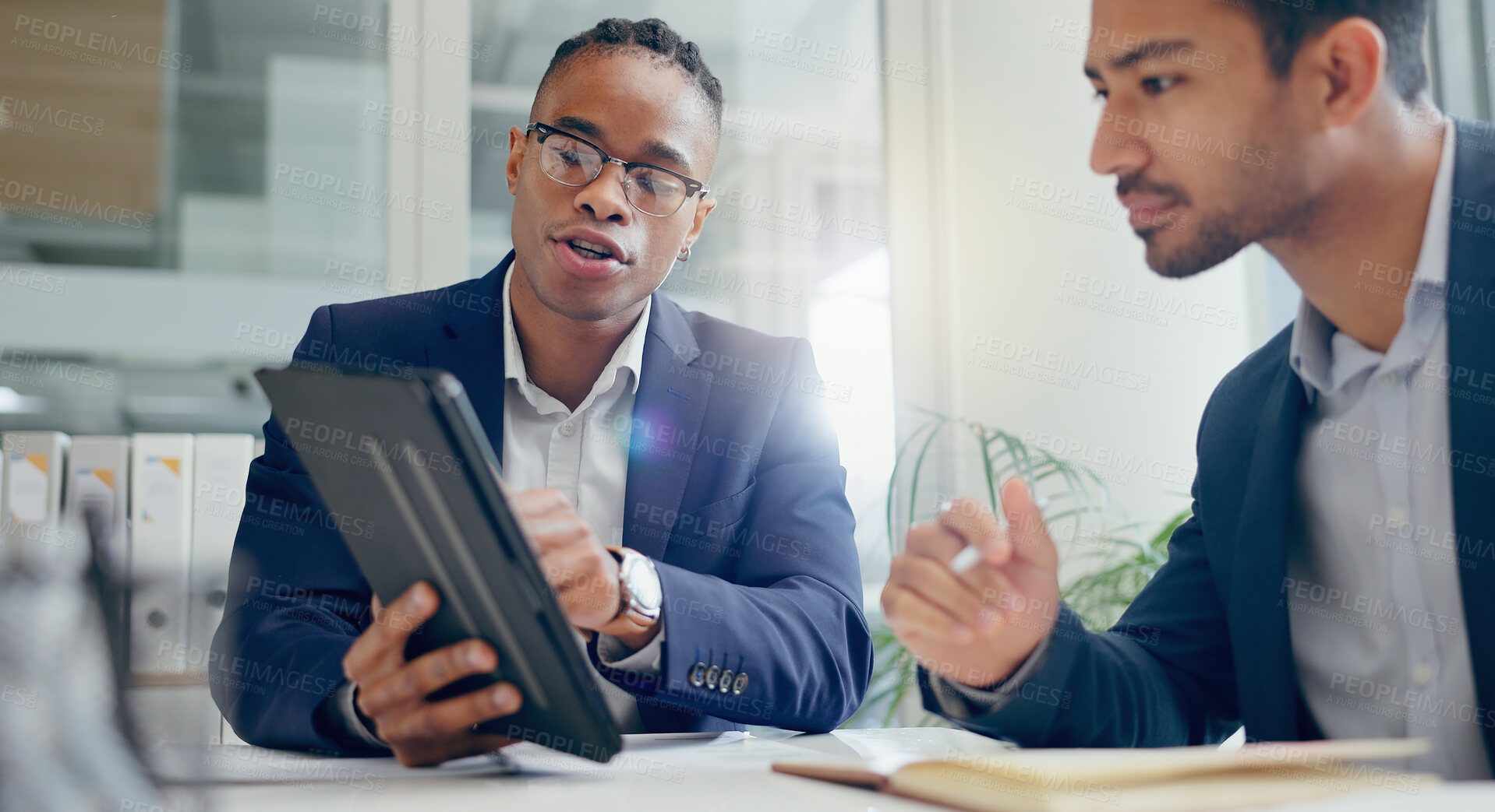 Buy stock photo Teamwork, tablet and business people in meeting with notes for info, planning and investment in office. Collaboration, bankers and paper for strategy in workplace for project and corporate policy