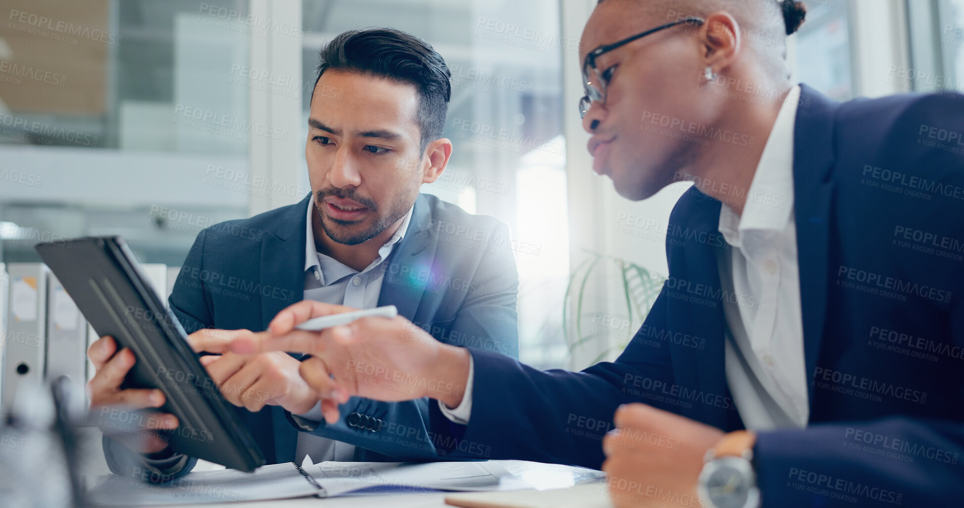 Buy stock photo Teamwork, finance and business people in meeting with tablet for info, planning and investment in office. Collaboration, bankers or technology for growth in workplace for profit or corporate project