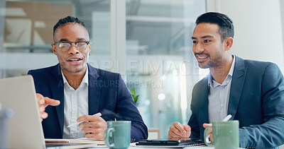 Buy stock photo Businessman, talking and office laptop for meeting, team and stock brokers planning for company investment. Partnership, collaboration and research or online trading market, feedback and email
