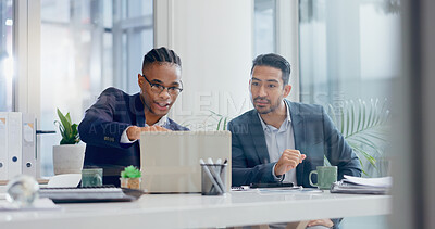 Buy stock photo Man, teamwork and planning with laptop in office, company review and online networking with employee. Discussion, internet and collaboration for target report, meeting and professionals together