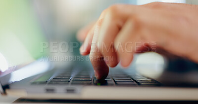Buy stock photo Person, hands and keyboard for typing online, connection and communication for email or internet research. Report, planning and blog or information for remote work, tech and networking on laptop