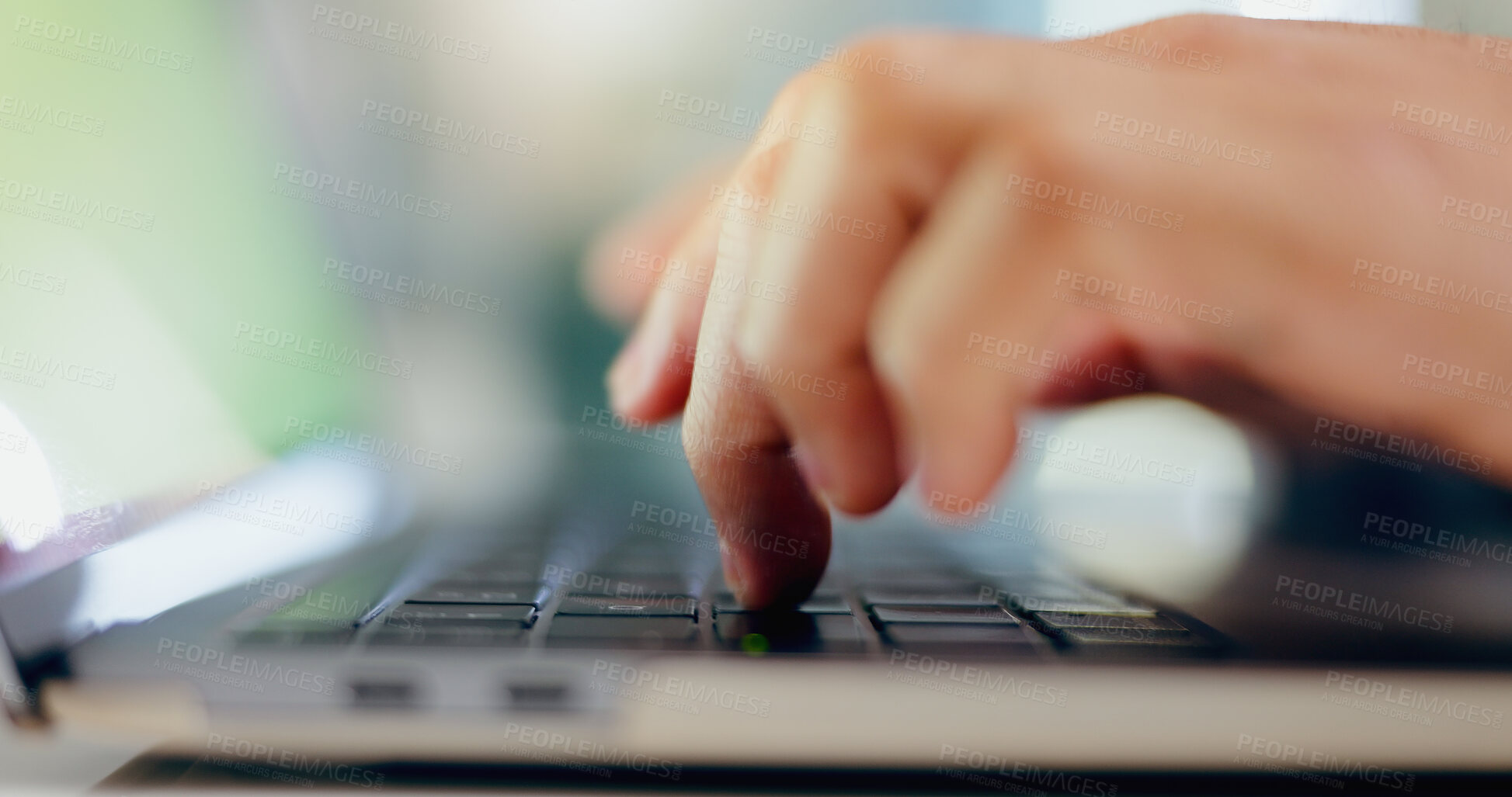 Buy stock photo Person, hands and keyboard for typing online, connection and communication for email or internet research. Report, planning and blog or information for remote work, tech and networking on laptop