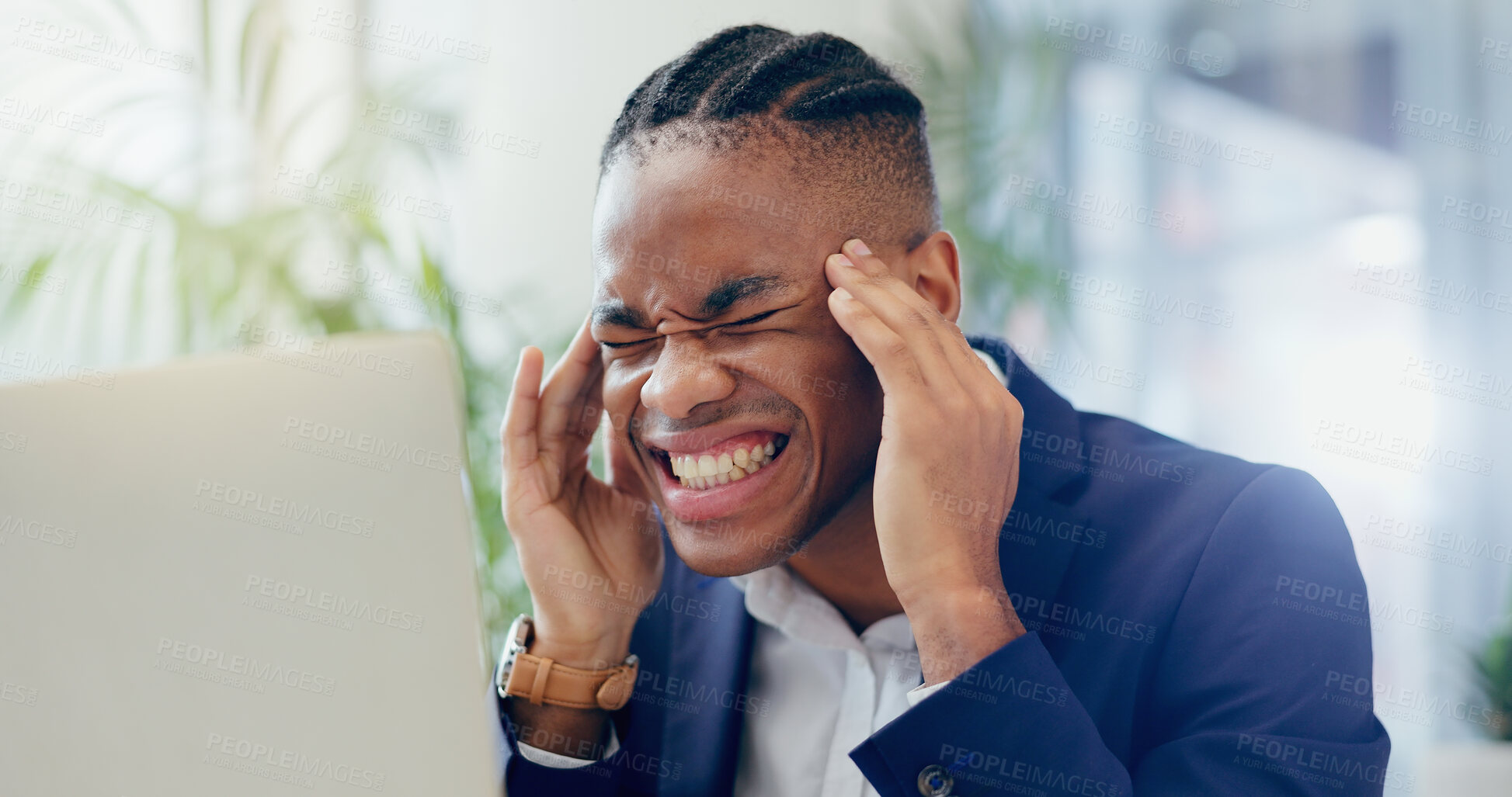 Buy stock photo Black man, headache and laptop or crisis in office, sick and stress for 404 glitch or error. Person, migraine and bankruptcy disaster or stock market crash, trader and frustrated for risk or fail