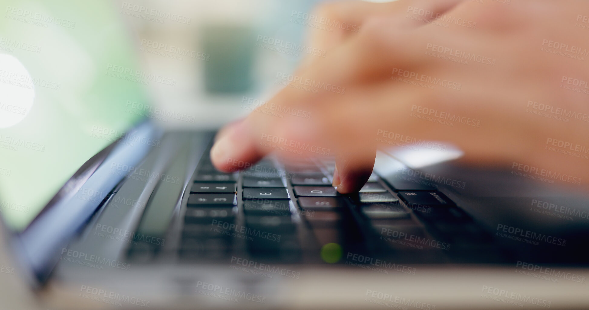 Buy stock photo Person, hands and keyboard and fingers typing online, connection and communication for email or internet research. Report, planning and information for remote work, tech and networking on laptop