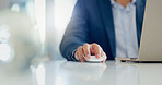 Businessman, hand and mouse for click or scroll with laptop, productivity and internet research for project. Wireless tech, finger press and computer equipment on office desk for online information