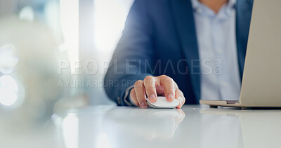 Buy stock photo Businessman, hand and mouse for click with laptop, scroll for productivity and internet research for project. Wireless tech, finger press and computer equipment on office desk for online information