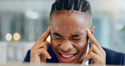 Buy stock photo Black man, headache and laptop or pain in office, burnout and stress for 404 glitch or error. Person, migraine and bankruptcy disaster or stock market crash, trader and frustrated for risk or fail