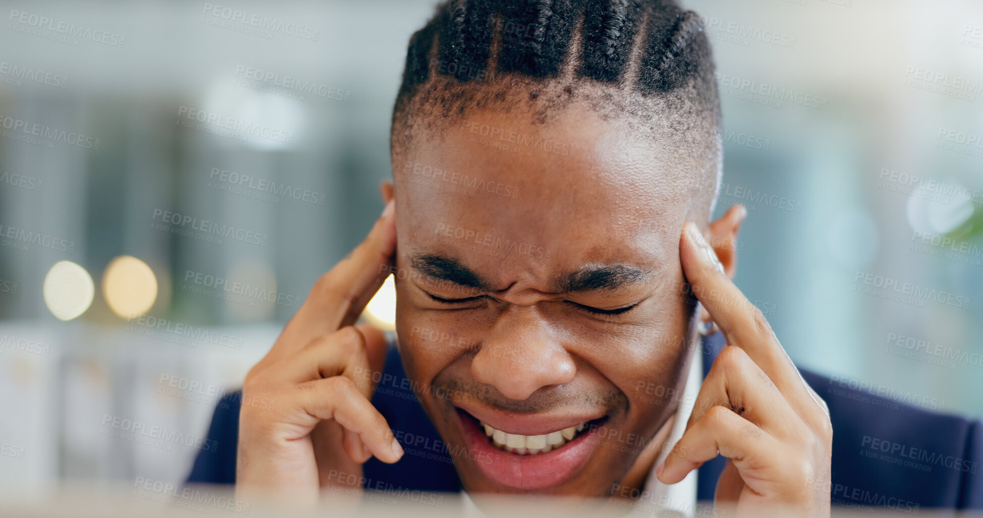 Buy stock photo Black man, headache and laptop or pain in office, burnout and stress for 404 glitch or error. Person, migraine and bankruptcy disaster or stock market crash, trader and frustrated for risk or fail