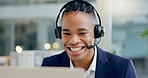 Black man, laptop and call centre operator in office, crm and consultant for technical support. Person, communication and telemarketing for sale service, assistance and agent for helpdesk or headset