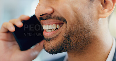 Buy stock photo Businessman, mouth and phone call for conversation with communication and networking in office. Male person, corporate and closeup talking for mobile consultation with deal negotiation and voice note