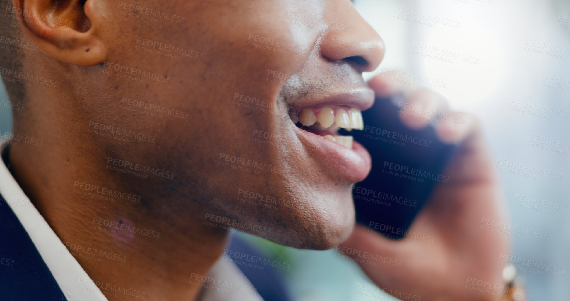 Buy stock photo Business, black man and mouth talking for phone call with  communication and networking in office. African guy, closeup and mobile discussion with conversation for deal negotiation and project update