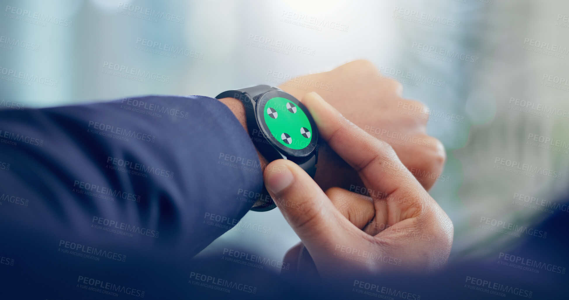 Buy stock photo Businessman, watch and mockup screen for communication with internet connection and health app in office. Male person, wearable tech and closeup for check heart rate or count steps with notification