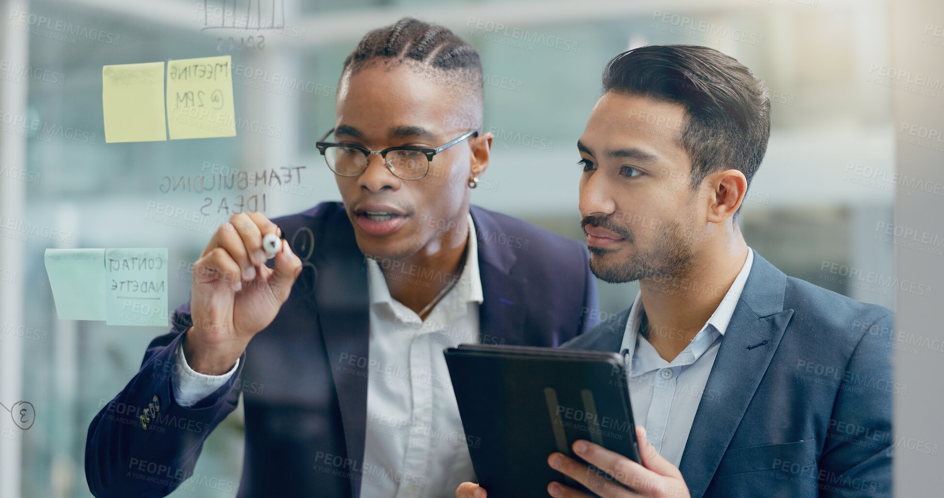 Buy stock photo Glass, sticky note and business people with tablet in office for research, idea and brainstorming. Project management, employees and men with writing on board for sales growth, solution and planning