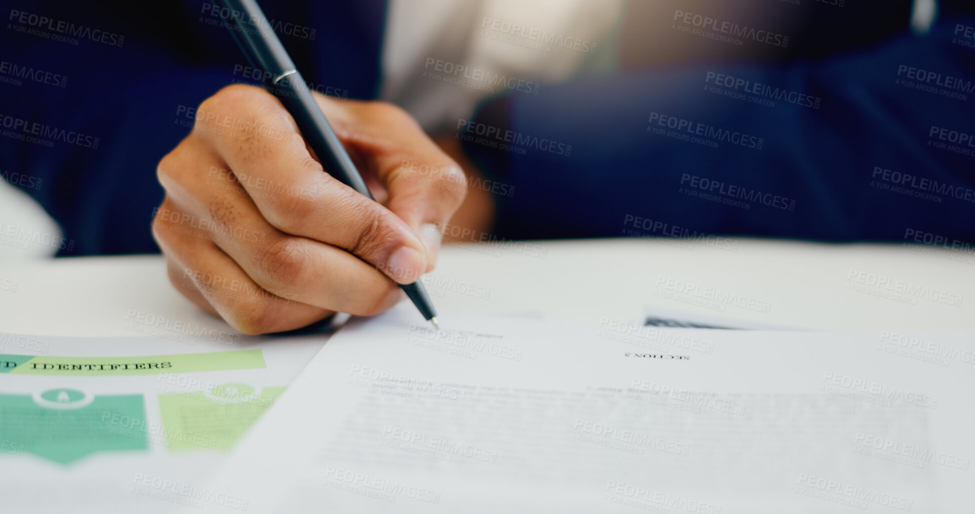 Buy stock photo Businessman, hand and signature for document in office with application and legal contract for compliance. Male attorney, fingers and writing on paperwork for policy agreement and partnership deal