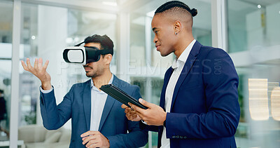 Buy stock photo Businessman, vr and tablet with glasses in office for product prototyping, training and experience with vision. Man, team and corporate professionals with virtual reality for metaverse and ux study.