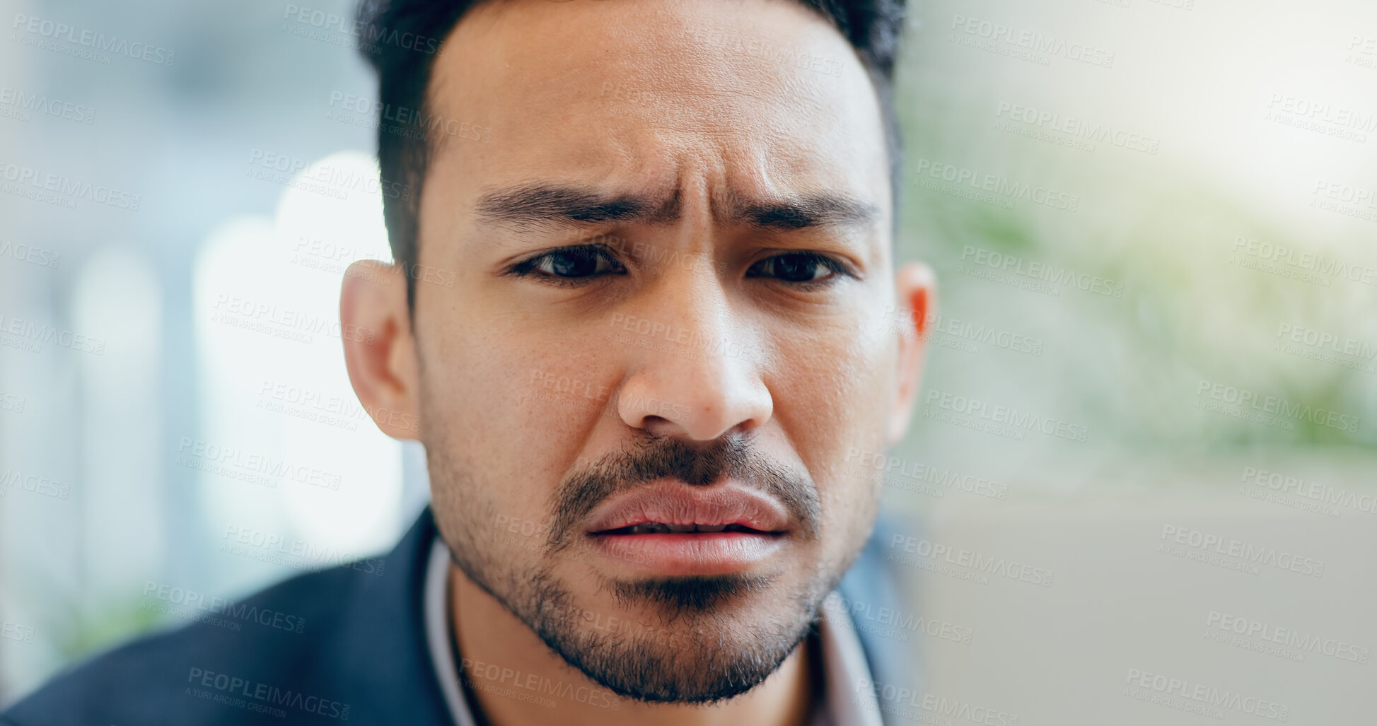 Buy stock photo Face, frown and stress with business man in corporate office for deadline, mistake or report. Anxiety, confused and worry with professional employee in workplace for accident, bankruptcy or fail