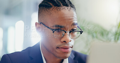 Buy stock photo Business, thinking and black man with choice, decision and solution with clear vision, thoughts and planning. African person, agent and consultant with glasses, brainstorming and questions with ideas