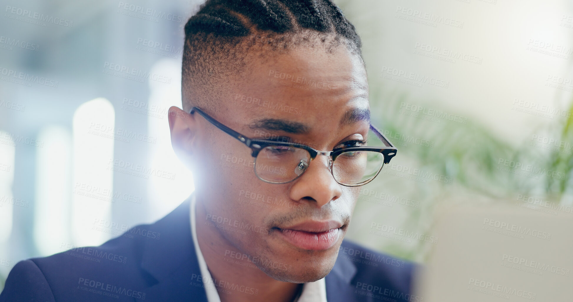 Buy stock photo Business, thinking and black man with choice, decision and solution with clear vision, thoughts and planning. African person, agent and consultant with glasses, brainstorming and questions with ideas