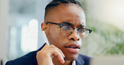 Buy stock photo Glasses, problem solving and thinking with business black man at work on laptop in corporate office. Computer, confused or doubt and professional employee in workplace with idea on project management