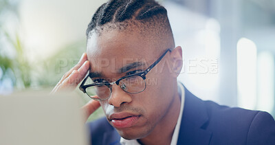 Buy stock photo Black man, headache and laptop or sick in office, eyewear and stress for 404 glitch or error. Male person, glasses and bankruptcy disaster or stock market crash, trader and anxiety for risk or fail