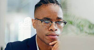 Buy stock photo Business, thinking and black man with ideas, decision and solution with choice, thoughts and planning. African person, agent and consultant with glasses, brainstorming and questions with clear vision