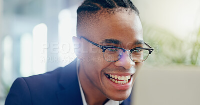 Buy stock photo Black man, glasses and smile in office for result, review and positive feedback in workplace with tech. Male accountant, happy and web by computer for finance, sales and research in company.