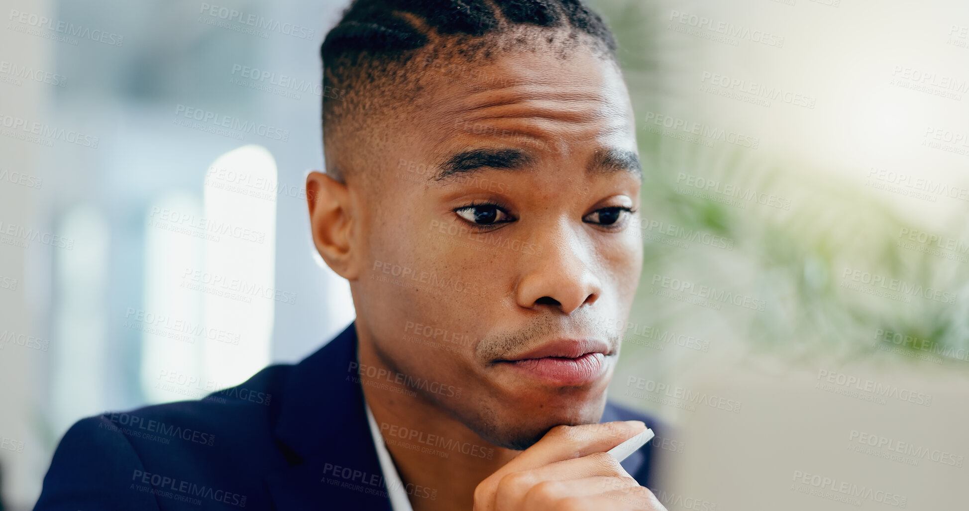 Buy stock photo Business, thinking and black man with ideas, confused and solution with choice, thoughts and inspiration. African person, agent and consultant with decision, brainstorming and questions with review