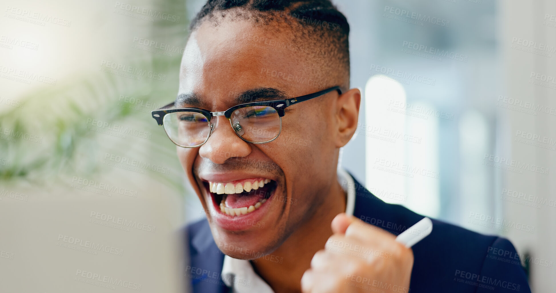 Buy stock photo Black man, success and excited trader on laptop with financial investment deal on stock market. Finance, celebratiobn and happy African entrepreneur winning on trading website for victory in office