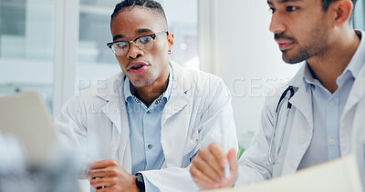 Buy stock photo Doctors, meeting and men in hospital with healthcare for discussion, treatment plan or diagnosis. Talking, medicine and medical professionals for conversation, teamwork or collaboration in clinic