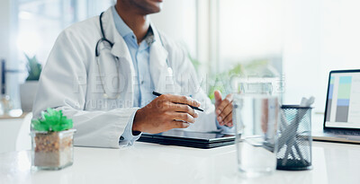 Buy stock photo Hands, tablet and doctor in office for healthcare, consultation and discussion at table in hospital. Male specialist, diagnosis and digital tech in clinic for advice, appointment and test results