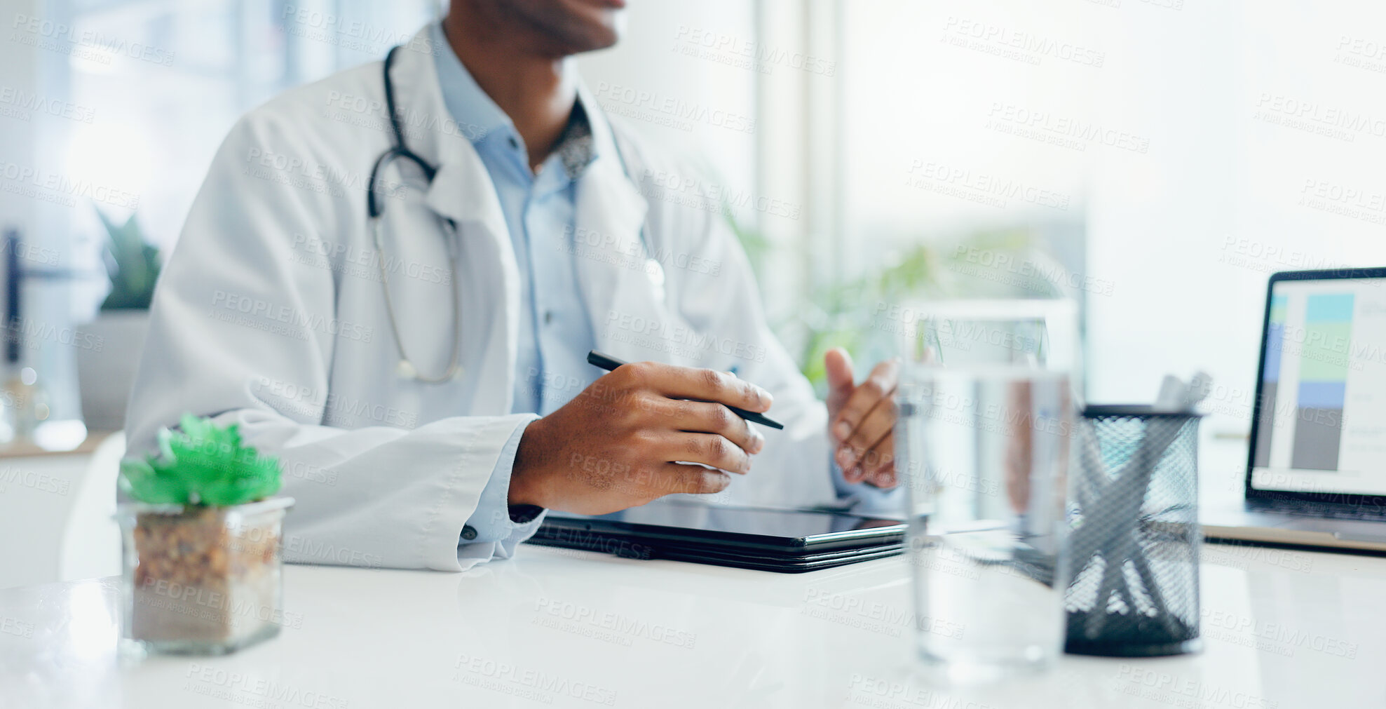 Buy stock photo Hands, tablet and doctor in office for healthcare, consultation and discussion at table in hospital. Male specialist, diagnosis and digital tech in clinic for advice, appointment and test results