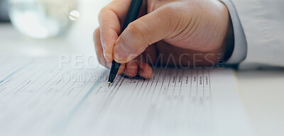 Buy stock photo Doctor, hands or writing with document for signature, application or information on desk at hospital. Closeup of healthcare employee filling in form, paperwork or signing for medical aid or insurance