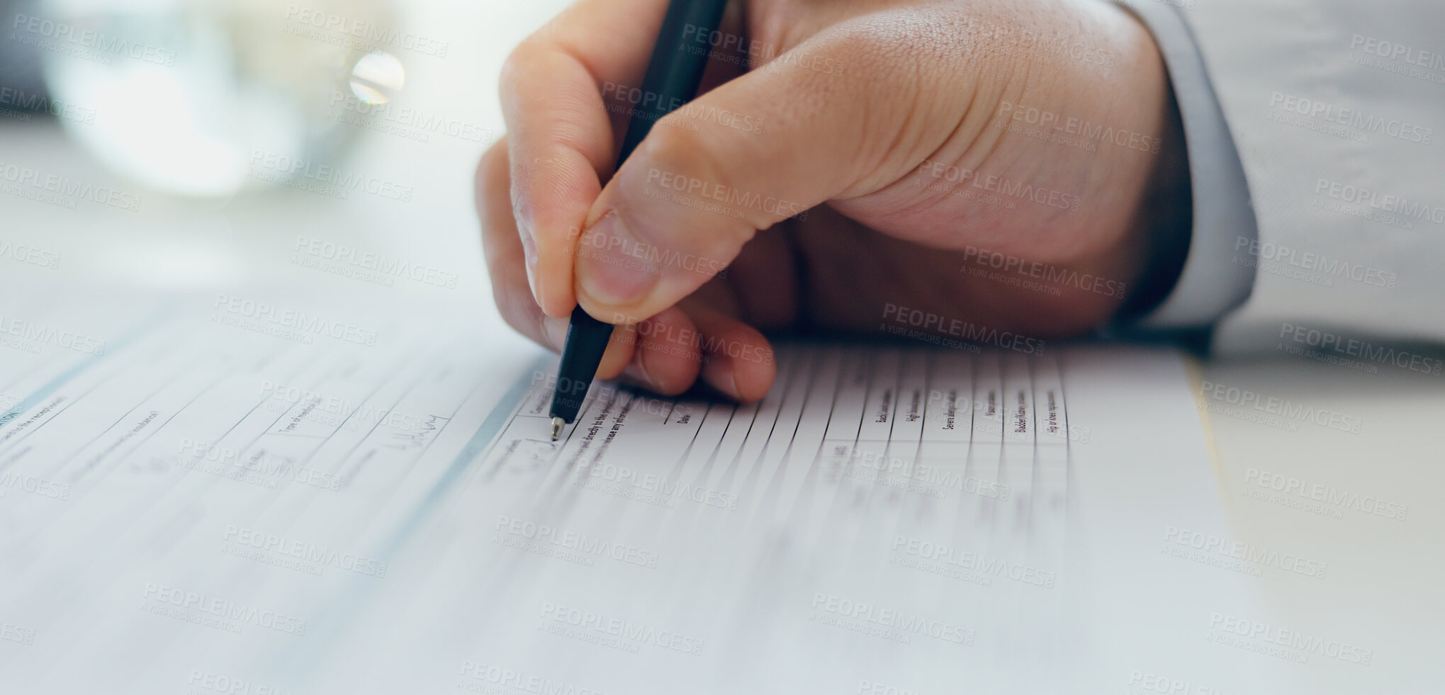 Buy stock photo Doctor, hands or writing with document for signature, application or information on desk at hospital. Closeup of healthcare employee filling in form, paperwork or signing for medical aid or insurance