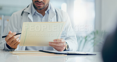 Buy stock photo Hands, doctor and patient with consultation, paperwork and conversation for wellness, insurance and healthcare. Closeup, people and medical with professional, documents and appointment for results