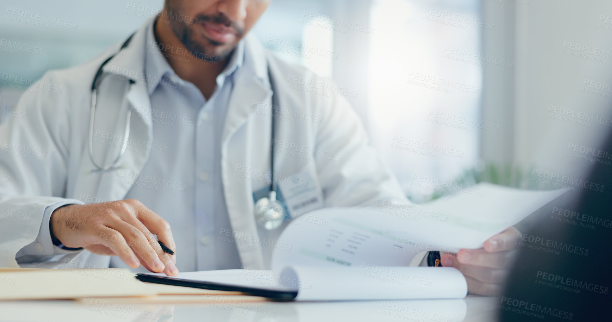 Buy stock photo Hands, doctor and patient with consultation, documents and conversation for wellness, insurance and healthcare. Closeup, people and medical with professional, paperwork and discussion for results
