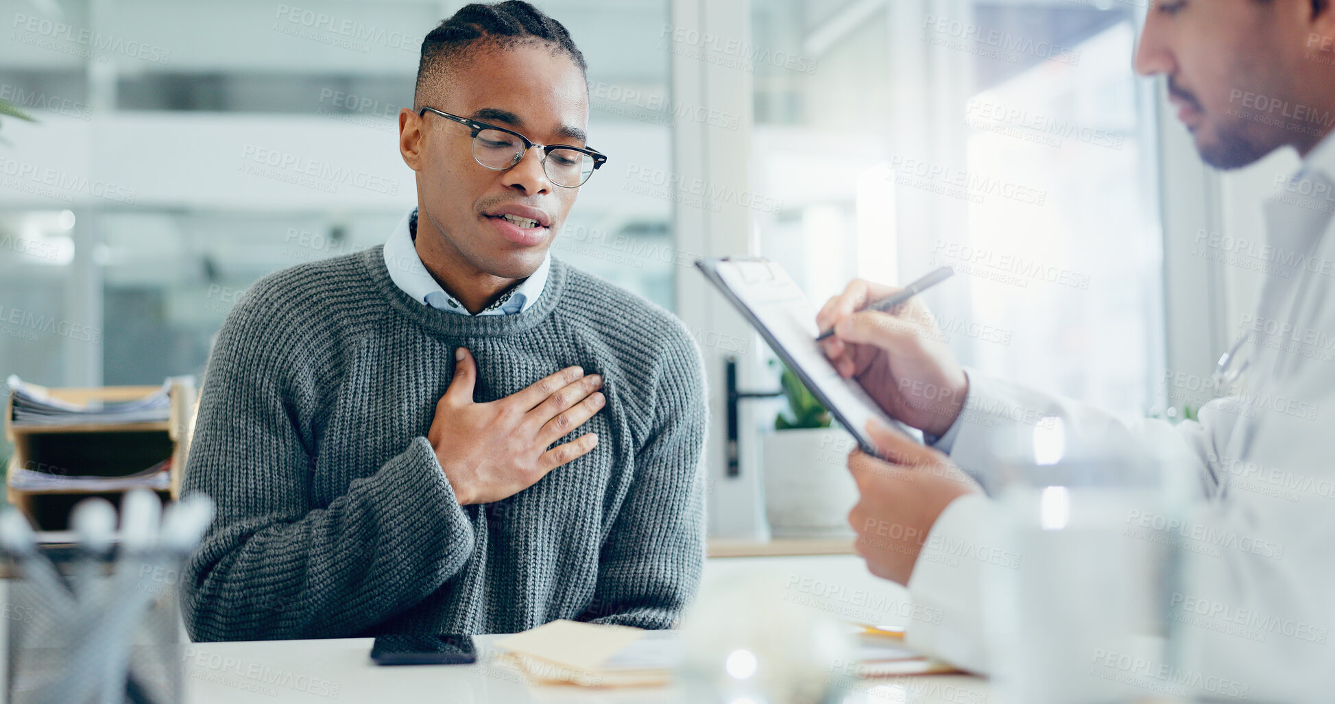 Buy stock photo Medical, prescription and patient with doctor in clinic for chest infection consultation. Sick, checkup and healthcare worker writing notes for treatment with man for heart disease in hospital.