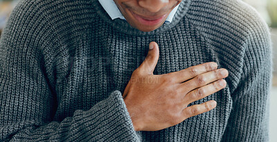 Buy stock photo Heart attack, man and hands on chest with pain, lungs and risk of cardiac arrest or cardiovascular problem. Person, asthma and crisis for breathing, emergency and tuberculosis with health warning