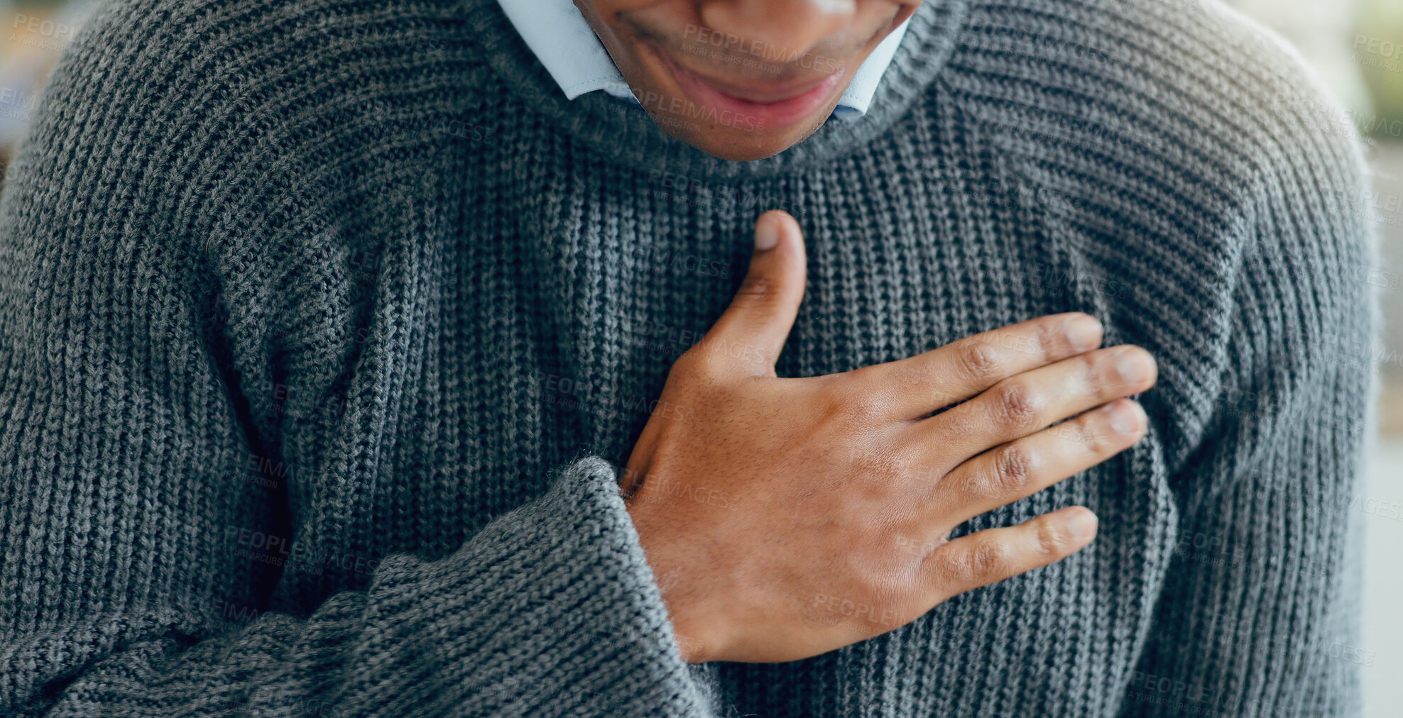 Buy stock photo Heart attack, man and hands on chest with pain, lungs and risk of cardiac arrest or cardiovascular problem. Person, asthma and crisis for breathing, emergency and tuberculosis with health warning