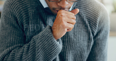 Buy stock photo Man, sick and coughing with hand fist in home, healthcare and influenza cold or covid virus or wellness risk. Chest infection, asthma and allergy problem or pneumonia, tuberculosis and viral disease
