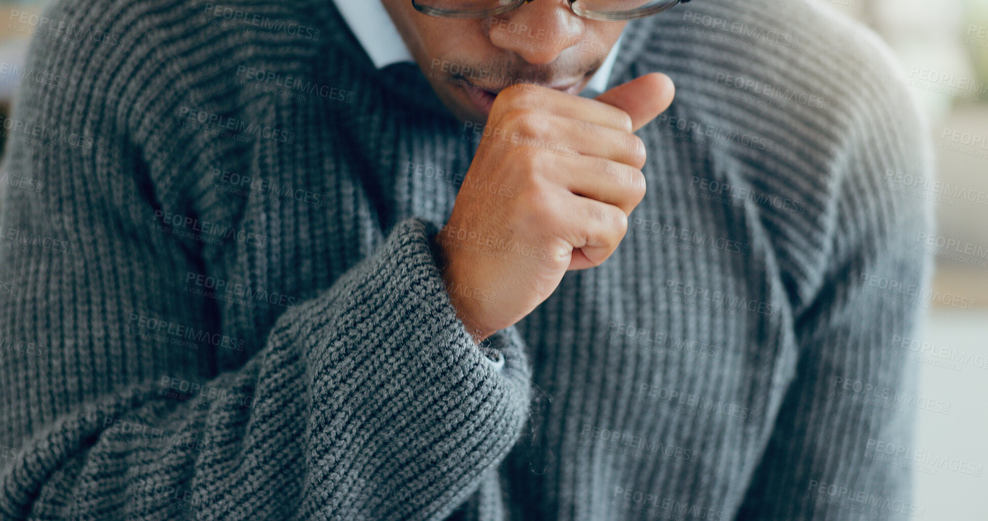 Buy stock photo Man, sick and coughing with hand fist in home, healthcare and influenza cold or covid virus or wellness risk. Chest infection, asthma and allergy problem or pneumonia, tuberculosis and viral disease
