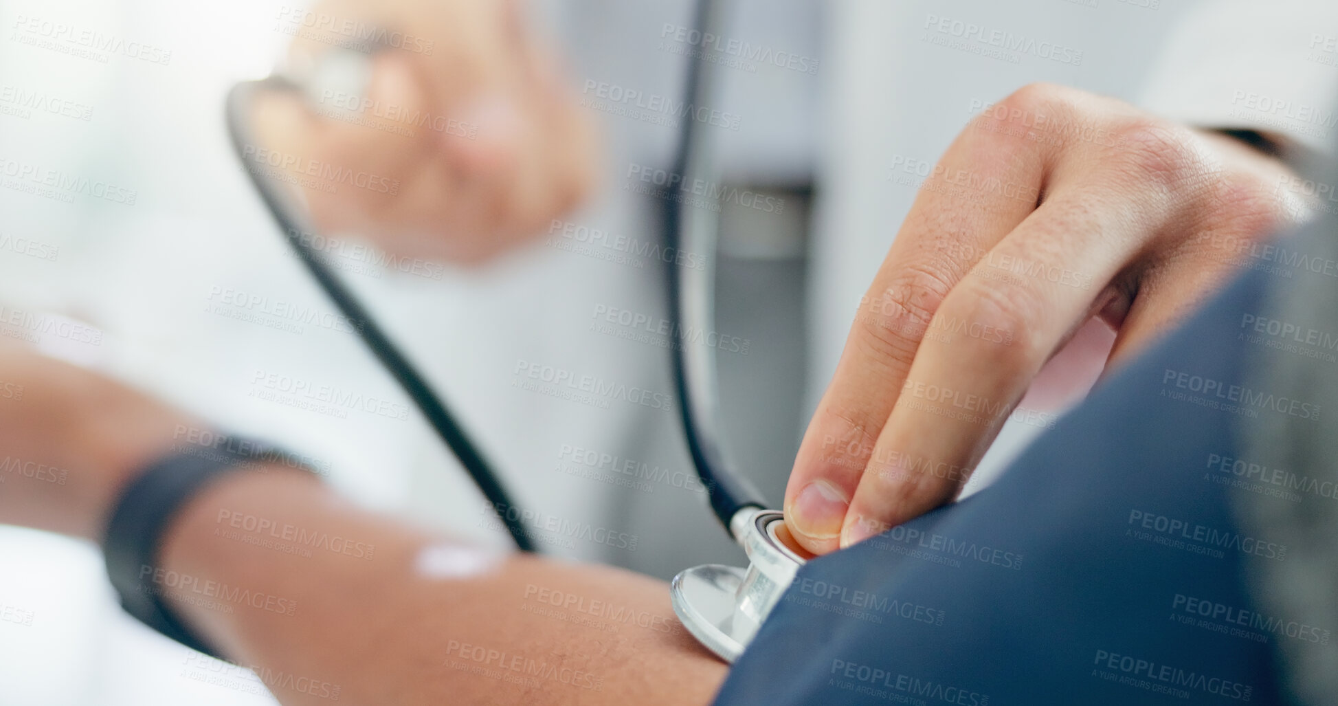 Buy stock photo Doctor, blood pressure and patient consultation with people,  professional appointment with monitor for healthcare. Clinic, wellness and medical help for hypertension, heart rate and equipment pump