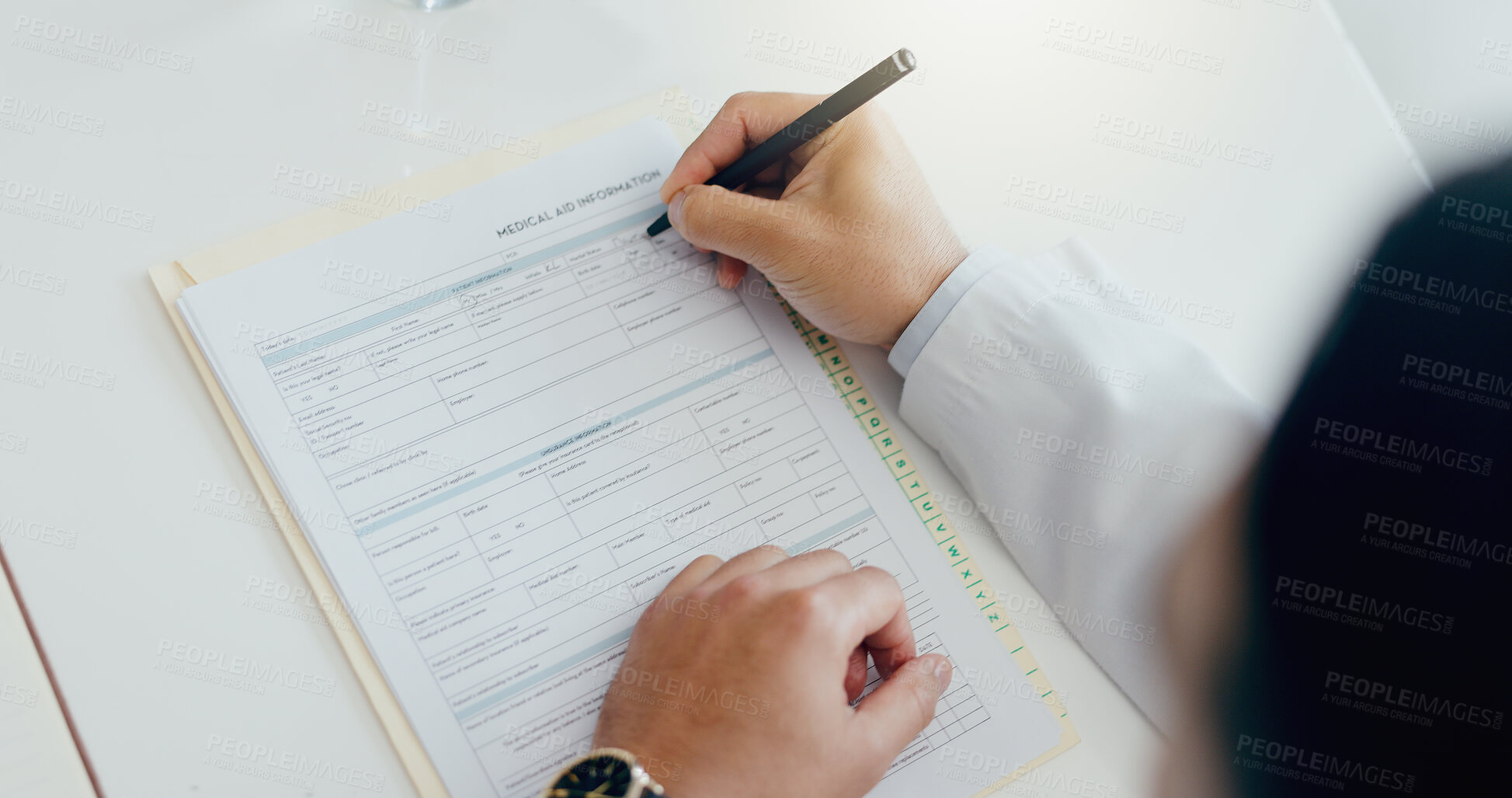 Buy stock photo Doctor, hands or writing with document on survey, form or application for medical aid or insurance above at hospital. Top view of person filling paperwork, healthcare or information on clinic details