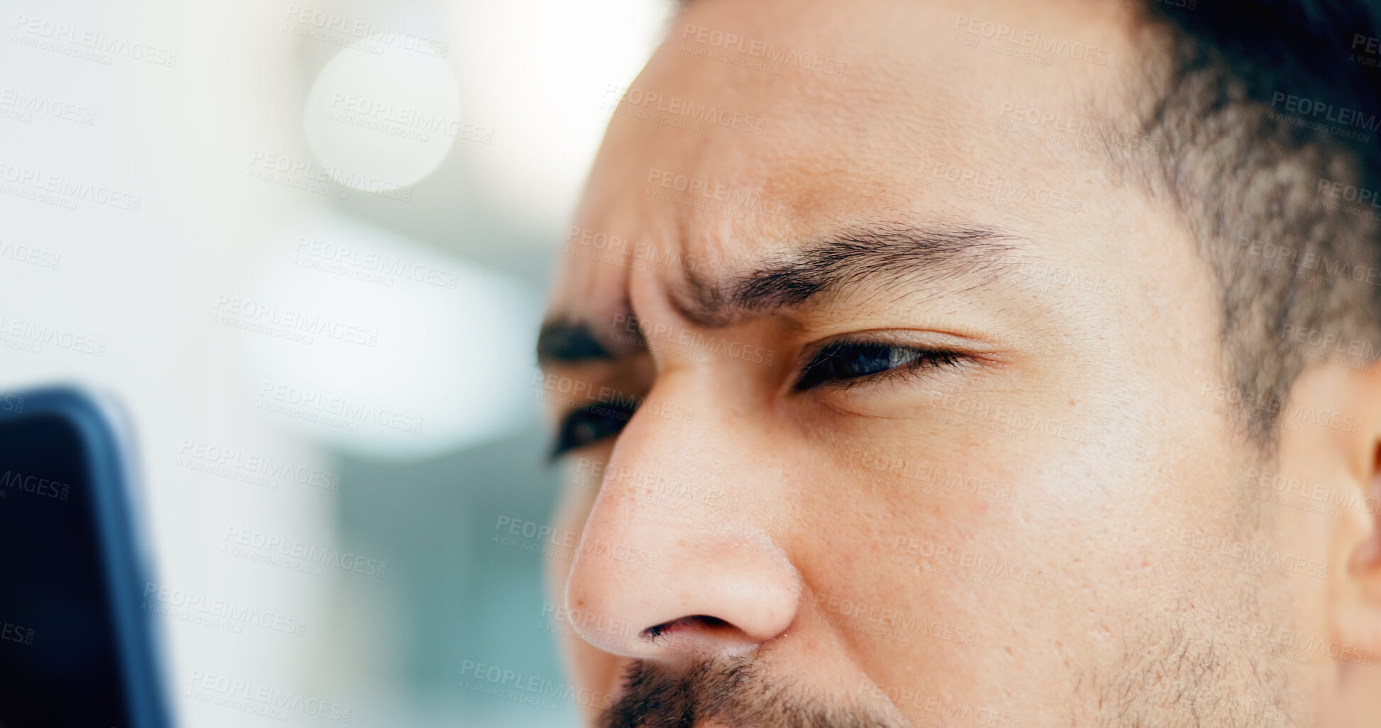 Buy stock photo Phone, reading and confused face of man closeup for bad news, information and 404 on social media. Smartphone, problem and person on internet for scam email error, spam or doubt online glitch at home