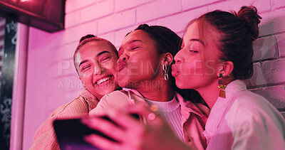 Buy stock photo Happy woman, friends and night with selfie for photography, picture or outdoor memory on wall. Female person or young group of girls enjoying late party with smile for moment or social get together