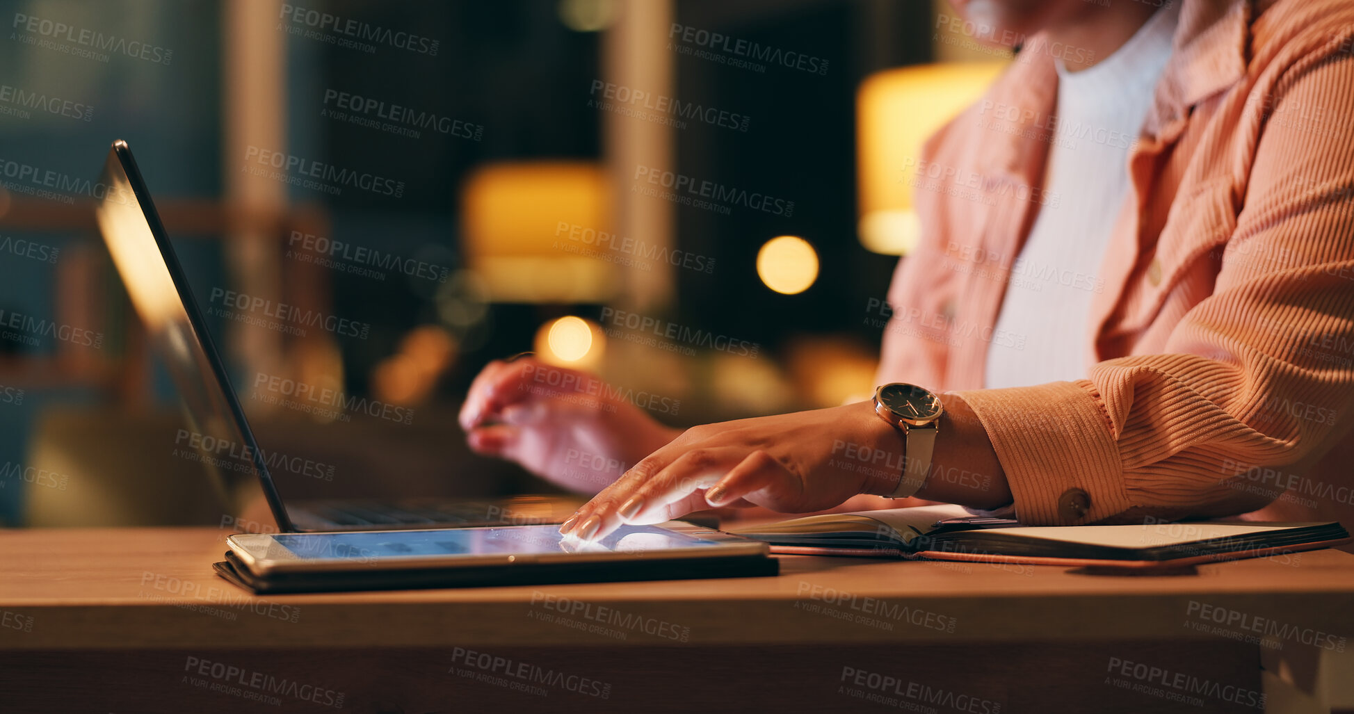 Buy stock photo Business, woman and hand with tablet at night for remote work, blog research and creative ideas at home office desk. Entrepreneur, freelancer or copywriter with technology for online project planning