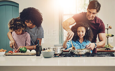 Buy stock photo Family, meal prep and helping for cooking in kitchen with vegetables, teaching and nutrition salad of lunch food. Love, interracial parents and kids for learning vegan diet, healthy dinner and house